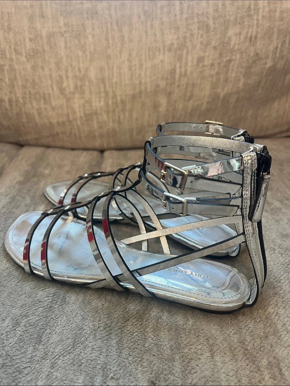 TORY BURCH Metallic Silver Strappy Gladiator Sandals